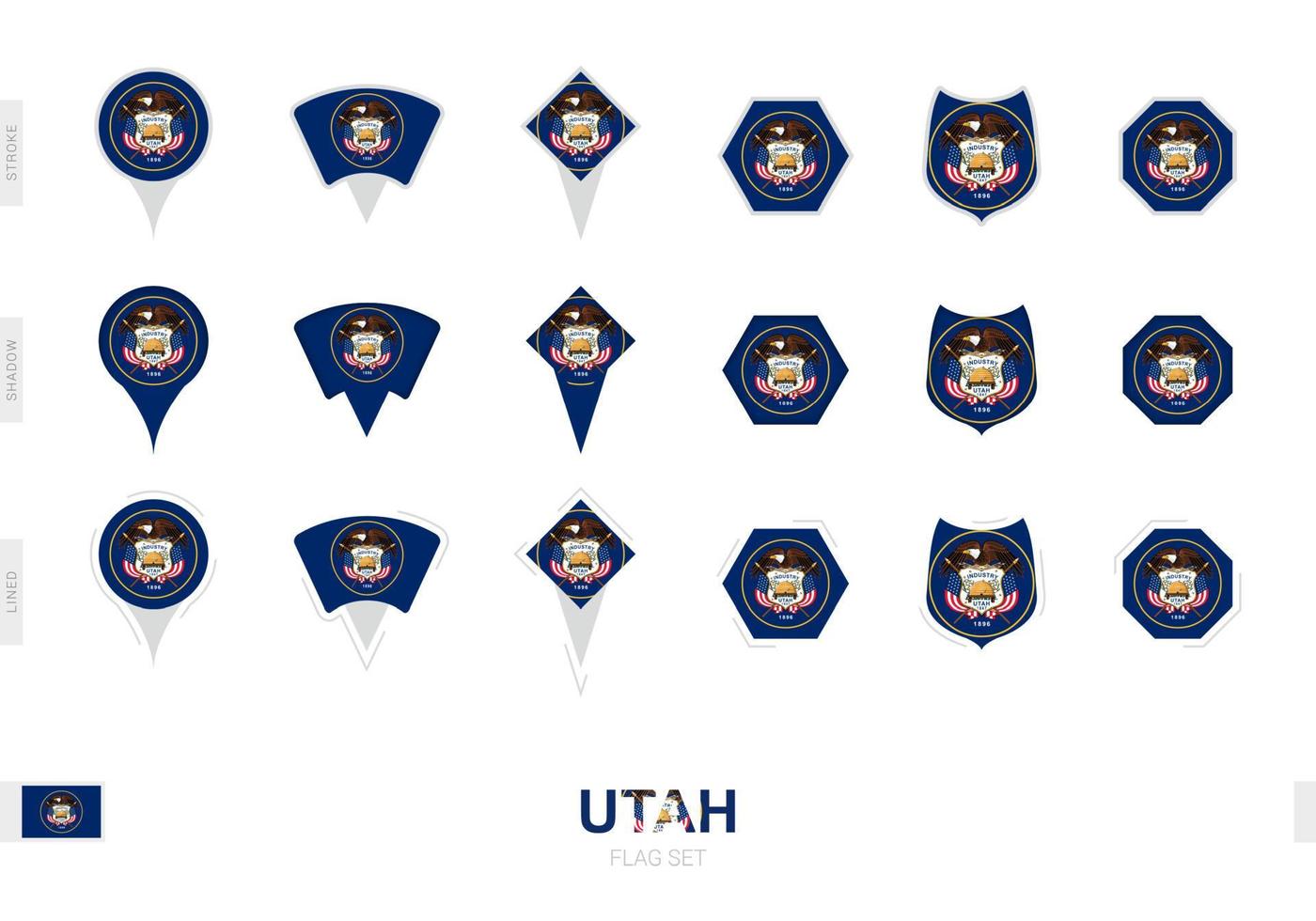 colección de la bandera de utah en diferentes formas y con tres efectos diferentes. vector