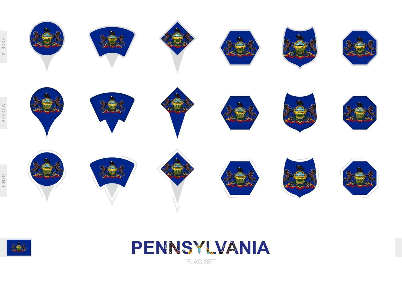 Collection of the Pennsylvania flag in different shapes and with three different effects. vector