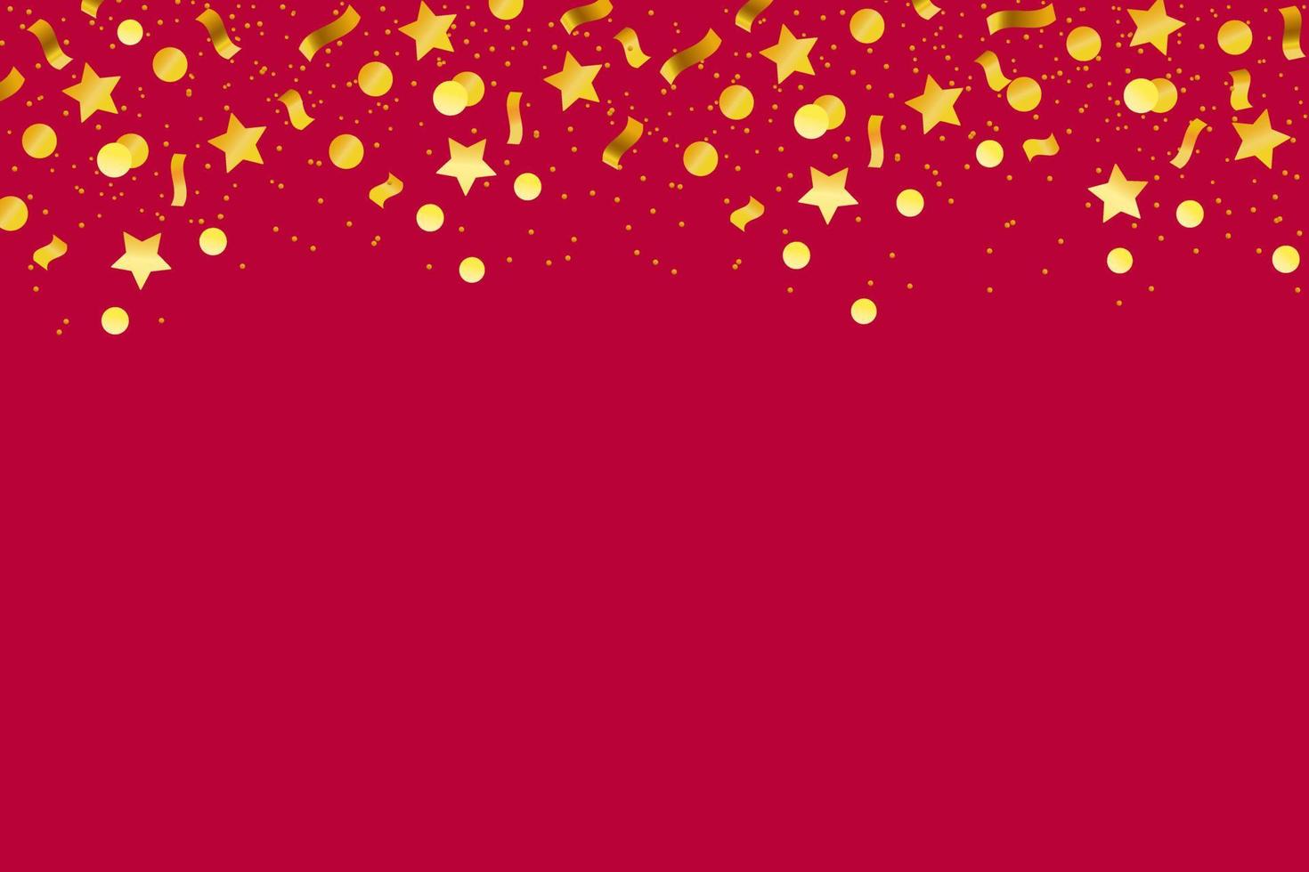 Confetti firecracker carnival and paper. Circle star ribbon of gold colors. Vector illustration on a red horizontal background. Cartoon style.