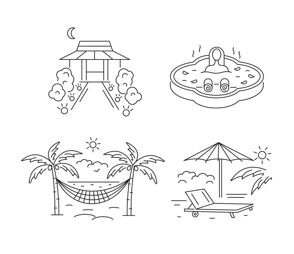 A set of icons on the theme of holidays in a tropical country and a hotel. Relax in the spa, lie in a hammock on the beach and on a sun lounger. Vector linear icons