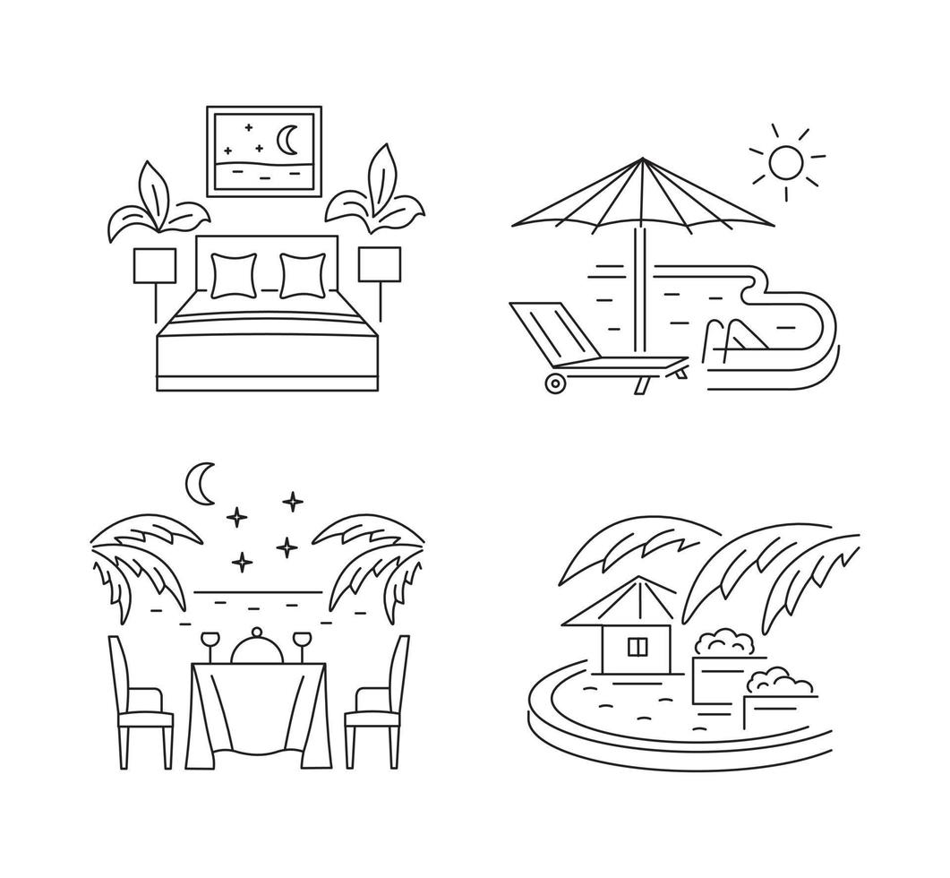 descanso en el resort y en el hotel. noche para dos, tumbona junto a la piscina, cena romántica por la noche, vacaciones de verano. iconos lineales sobre un fondo blanco. vector