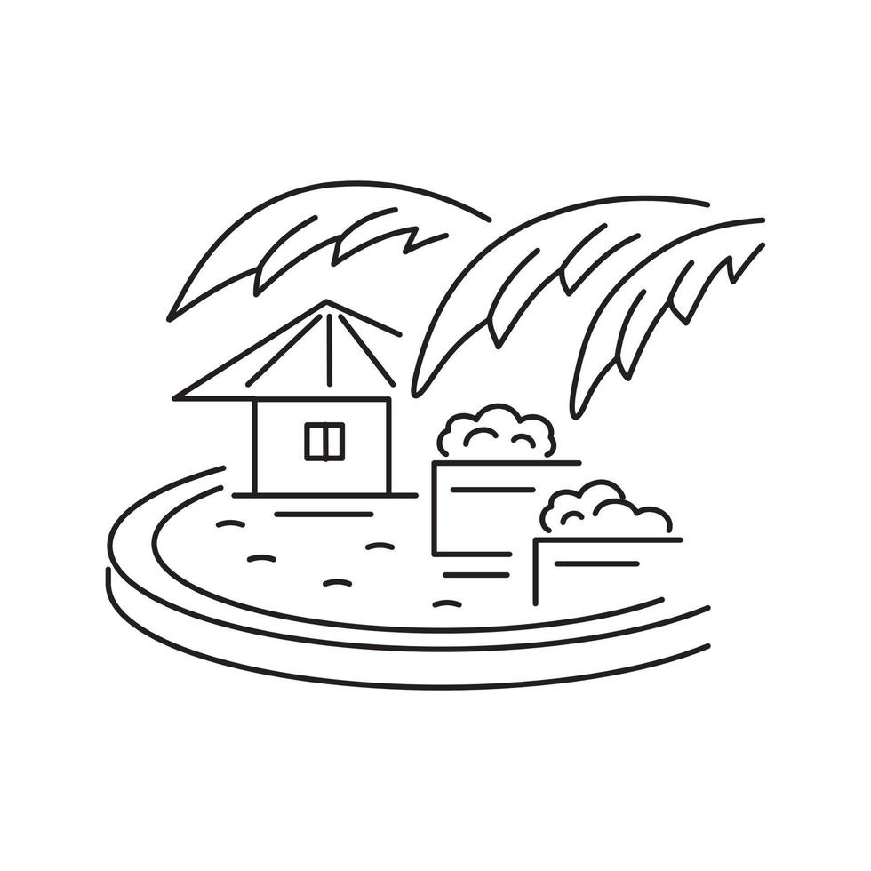 Swimming pool with a house and palm leaves. Asian style. Rest and vacation. Linear icon on a white background. vector