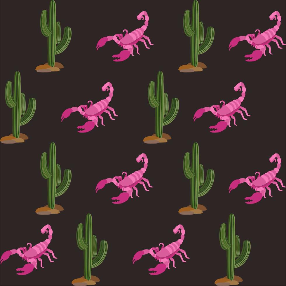 Vector seamless pattern with cactuses and scorpions on dark background.