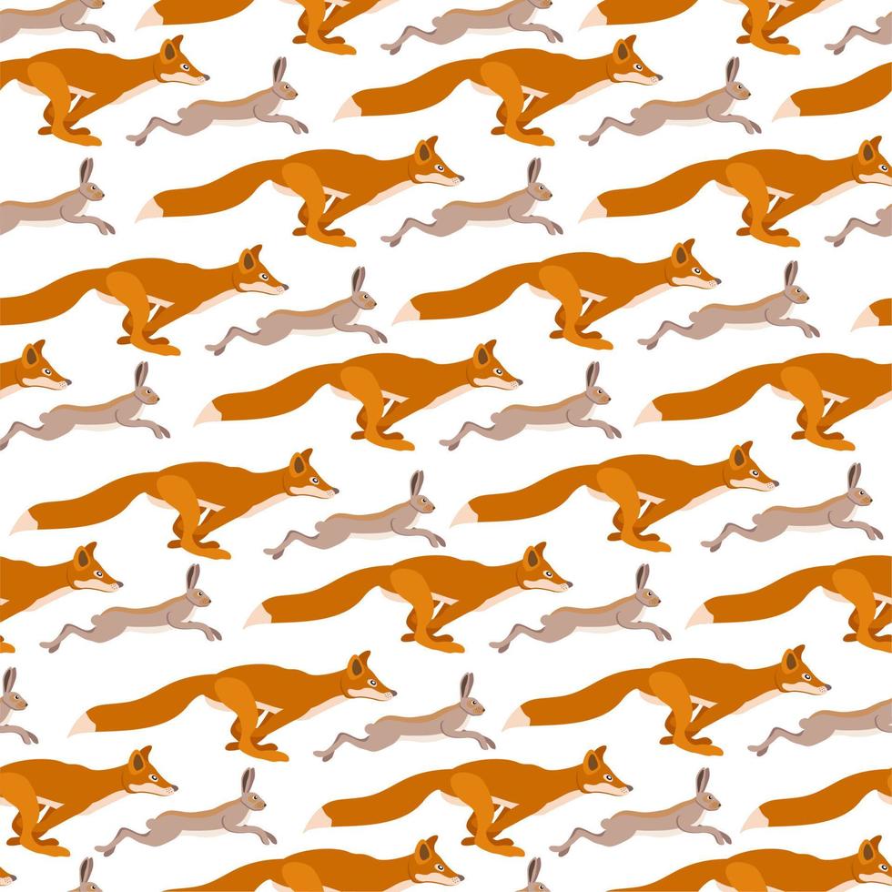 Vector seamless pattern with foxes and hares running after each other.