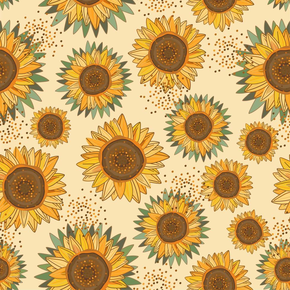 Vector seamless pattern with sunflowers  on light beige background.