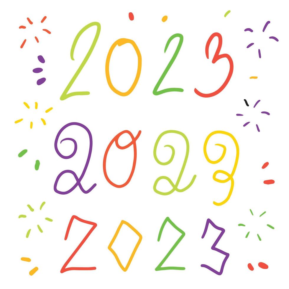 feliz año nuevo 2023 doodle hand-drwan para celebración, tarjeta, afiche, saludo. vector