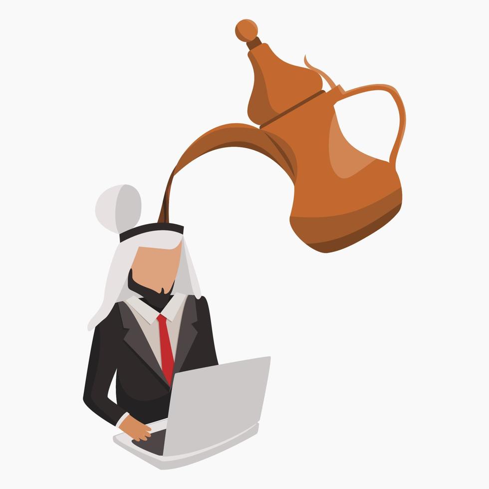 Editable Vector of Pouring Arabic Coffee From Dallah Pot Into The Head of Arab Businessman During Work on His Laptop for Business and Inspiration Illustration With Arab Culture or Cafe Related Design