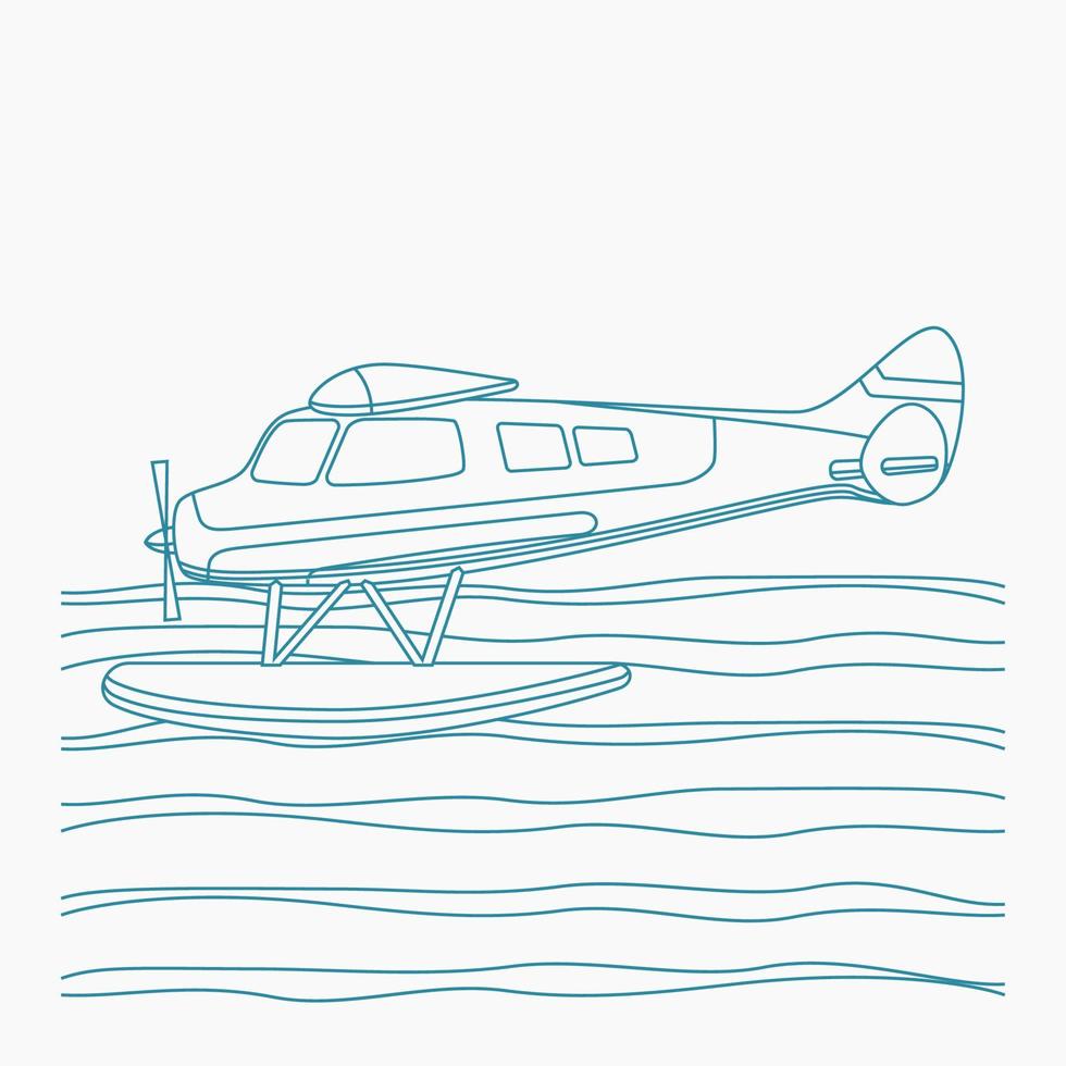 Editable Side View Pontoon Plane Flying Over a Wavy Lake Vector Illustration in Outline Style for Transportation or Recreation Related Design