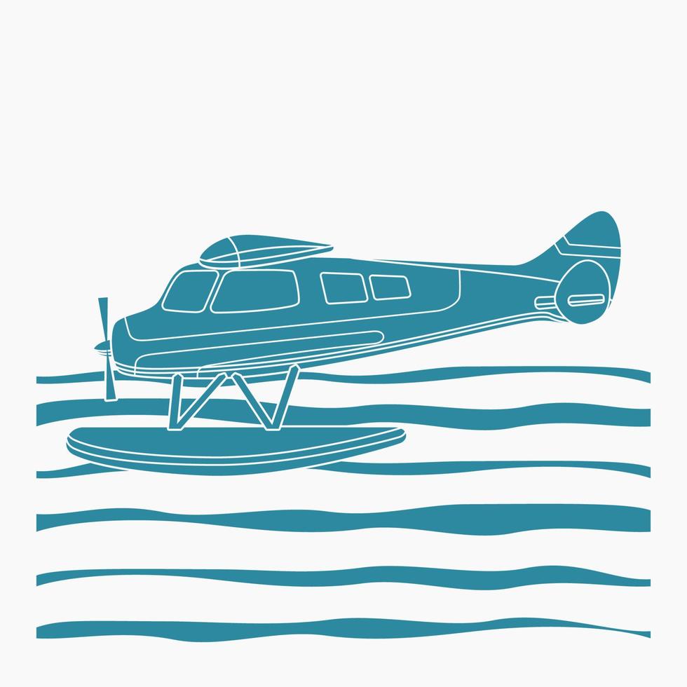 Editable Side View Pontoon Plane Flying Over a Wavy Lake Vector Illustration in Flat Monochrome Style for Transportation or Recreation Related Design