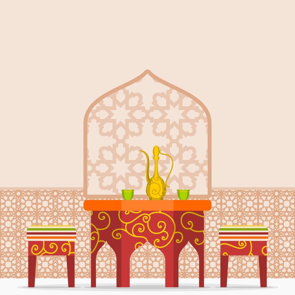 ilustración de vector interior de cafetería árabe con motivos típicos editables con olla dallah y tazas finjan en la mesa para momentos islámicos o diseño relacionado con café de cultura árabe