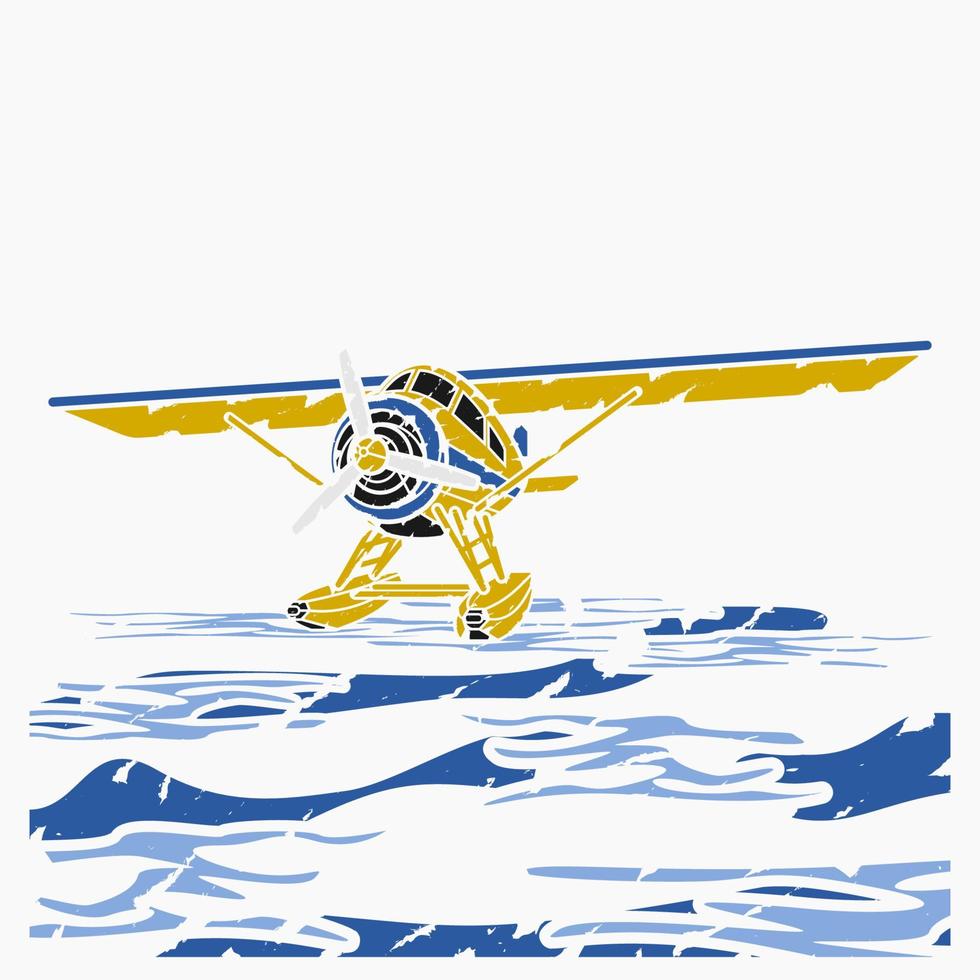 Editable Front Semi Oblique View Pontoon Floating Plane on a Water Vector Illustration in Brush Strokes Style for Transportation or Recreation Related Design