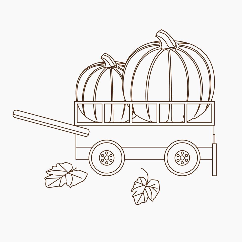 Editable Side View Pumpkins in Cart Vector Illustration with Foliage in Outline Style for Thanksgiving Greeting Design