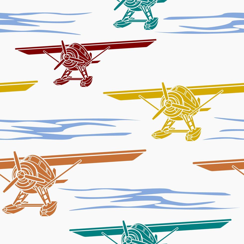 Editable Front Semi Oblique View Pontoon Floating Plane on a Water Vector Illustration as Seamless Pattern for Creating Background of Transportation or Recreation Related Design