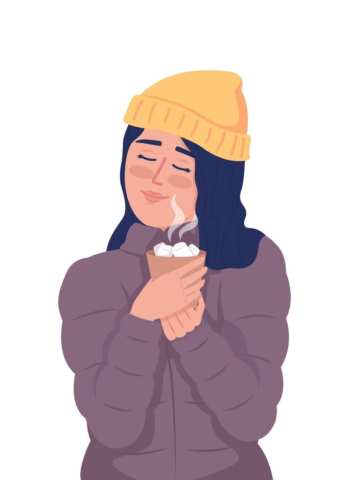 Girl in winter outfit enjoying hot chocolate outdoor semi flat color vector character. Editable figure. Half body person on white. Simple cartoon style illustration for web graphic design, animation