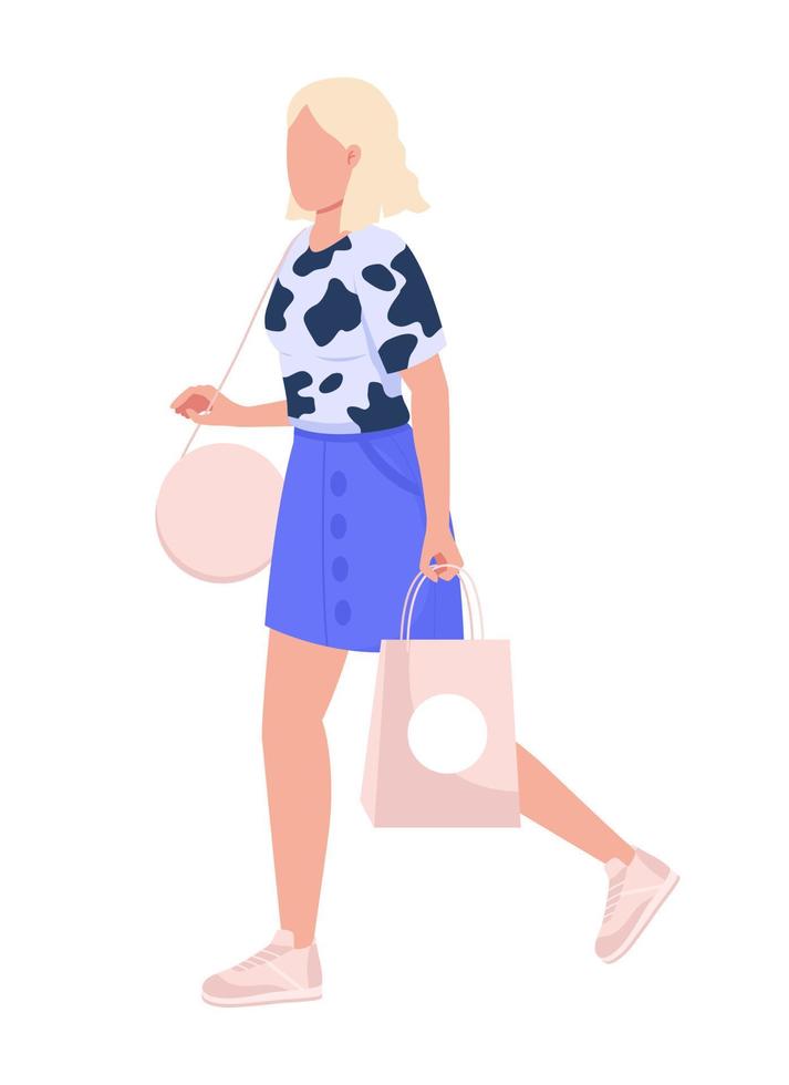 mujer con bolsa de compras de carácter vectorial de color semiplano. figura editable. persona de cuerpo completo en blanco. ilustración de estilo de dibujos animados simple de cliente de tienda para diseño gráfico web y animación vector