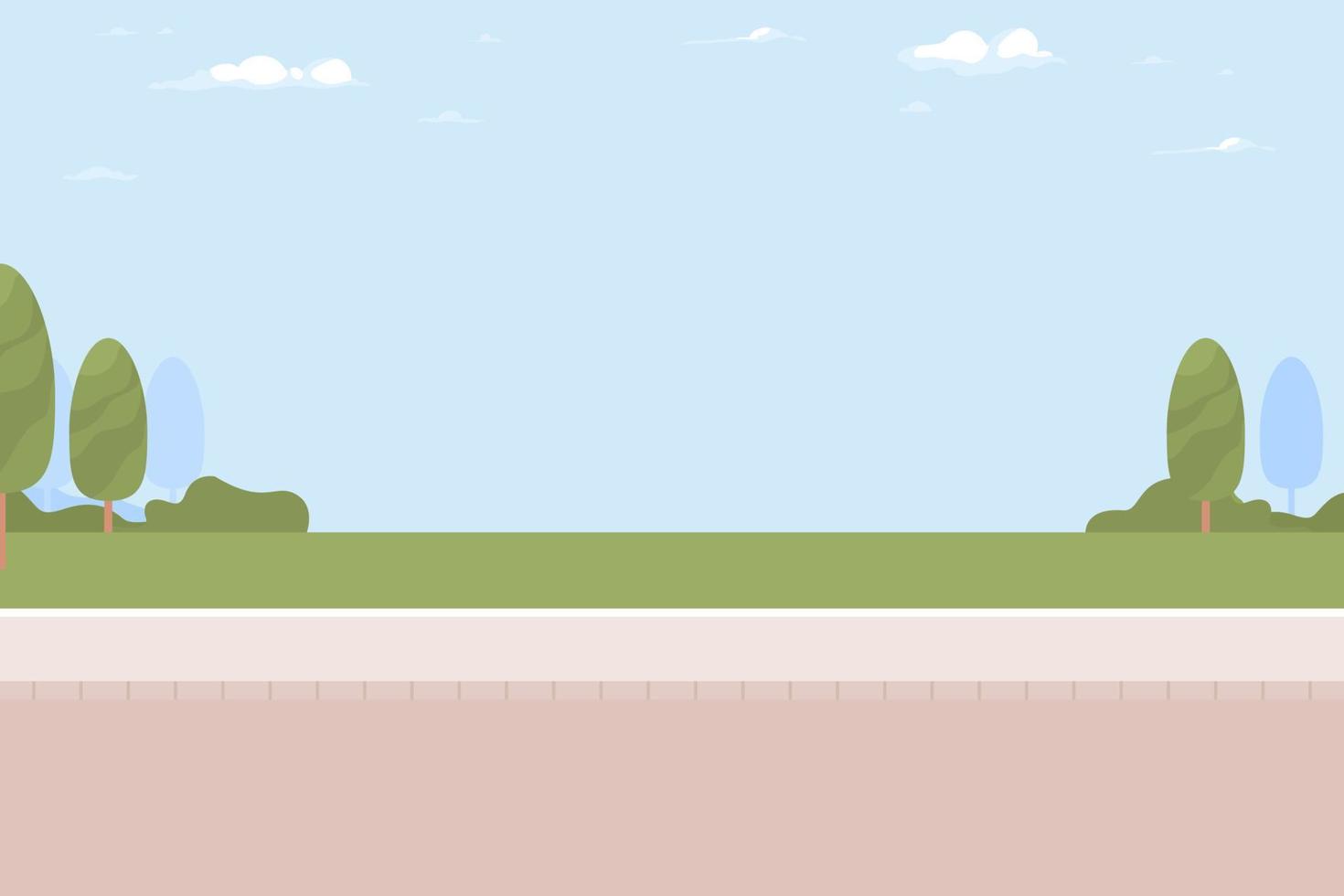 ilustración vectorial de color plano de la calle de la ciudad. lugar público. parque recreativo. arbustos y árboles al borde de la carretera. Hora de verano. paisaje de dibujos animados simple 2d totalmente editable con carretera en el fondo vector