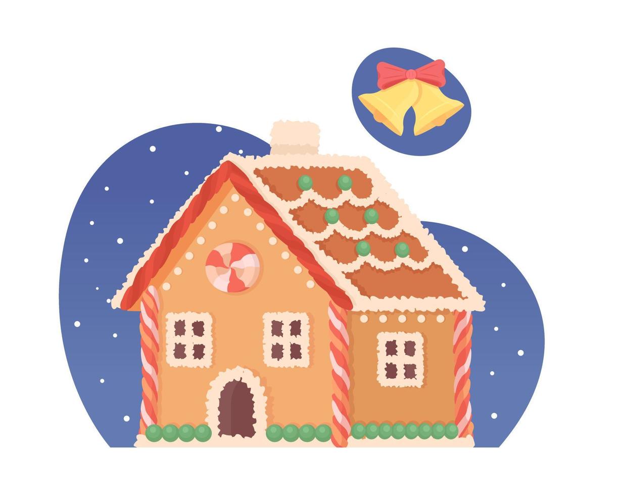 Gingerbread house 2D vector isolated illustration. Christmas season flat object on cartoon background. Traditional decoration colourful editable scene for mobile, website, presentation