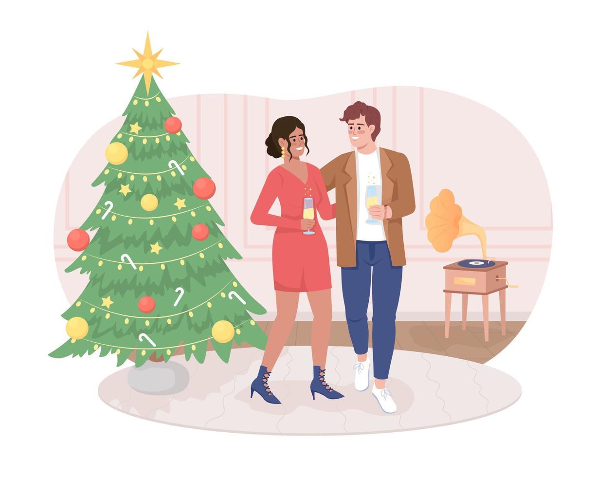 Couple celebrating Christmas 2D vector isolated illustration. Happy flat characters on cartoon background. New Year party colourful editable scene for mobile, website, presentation