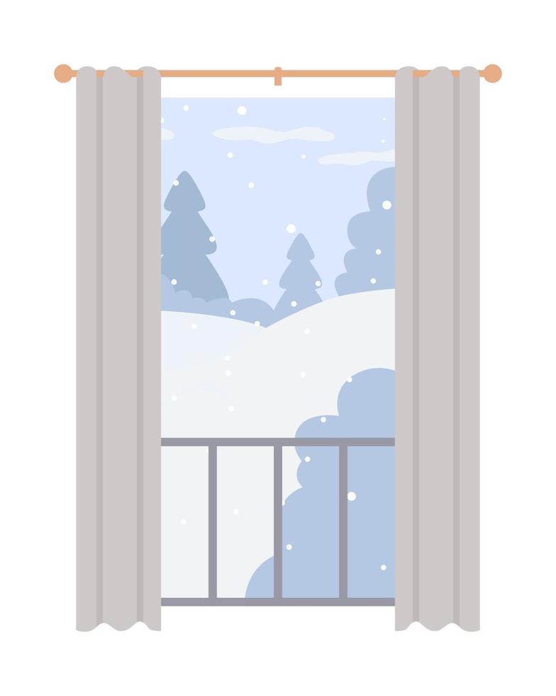 objeto de vector de color semiplano de vista de bosque de invierno. elemento editable. artículo de tamaño completo en blanco. ilustración de estilo de dibujos animados simple de ventana y cortina para diseño gráfico web y animación