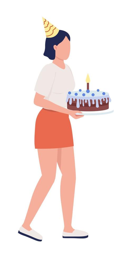 señora con pastel de cumpleaños carácter vectorial de color semiplano. figura editable. persona de cuerpo completo en blanco. felicitaciones ilustración de estilo de dibujos animados simple para diseño gráfico web y animación vector