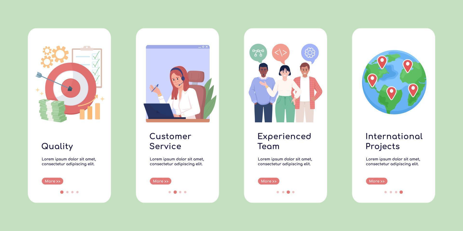 Choose right company onboarding mobile app screen flat template. Walkthrough website 4 steps with characters. Editable business benefits UX, UI, GUI smartphone cartoon interfaces vector