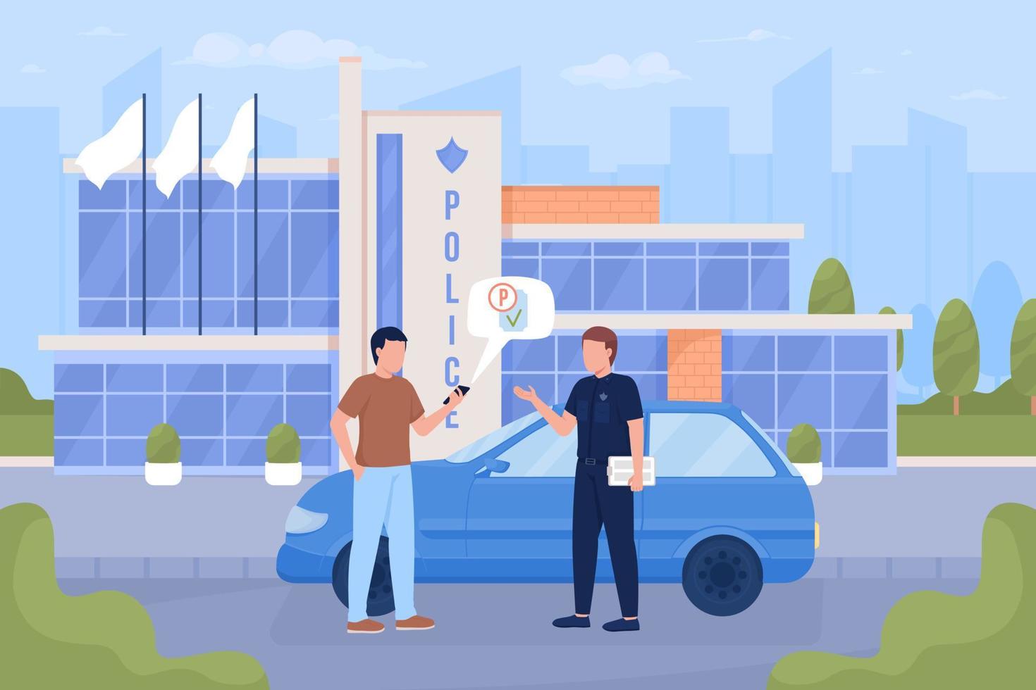 Driver and police officer flat color vector illustration. Checking parking payment. Fully editable 2D simple cartoon characters with police department on background
