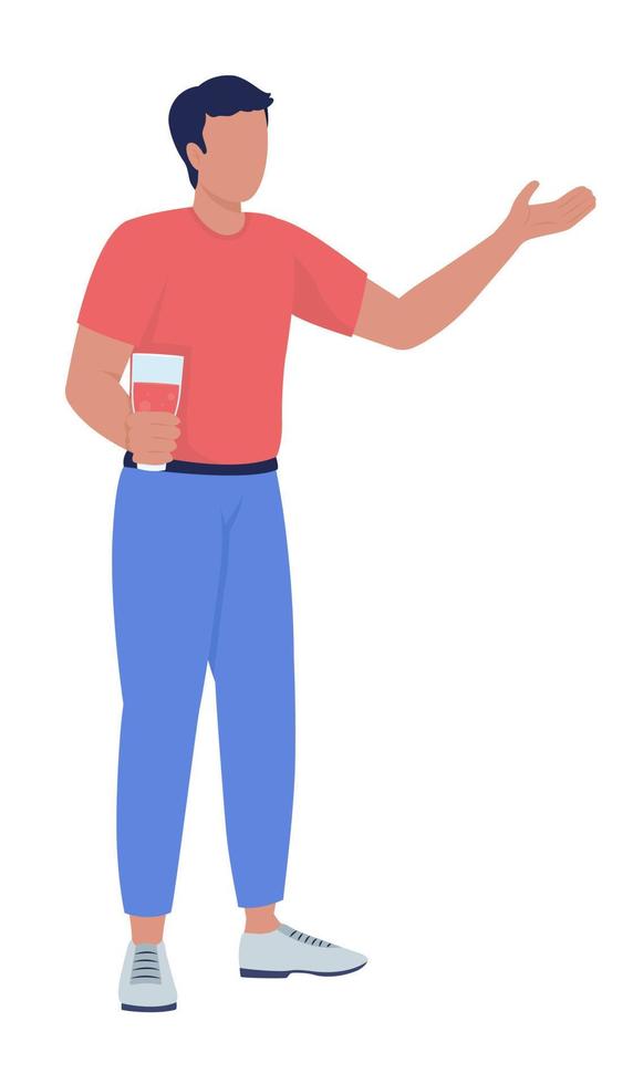 joven sosteniendo una bebida y hablando de un personaje vectorial de color  semiplano. figura editable. persona