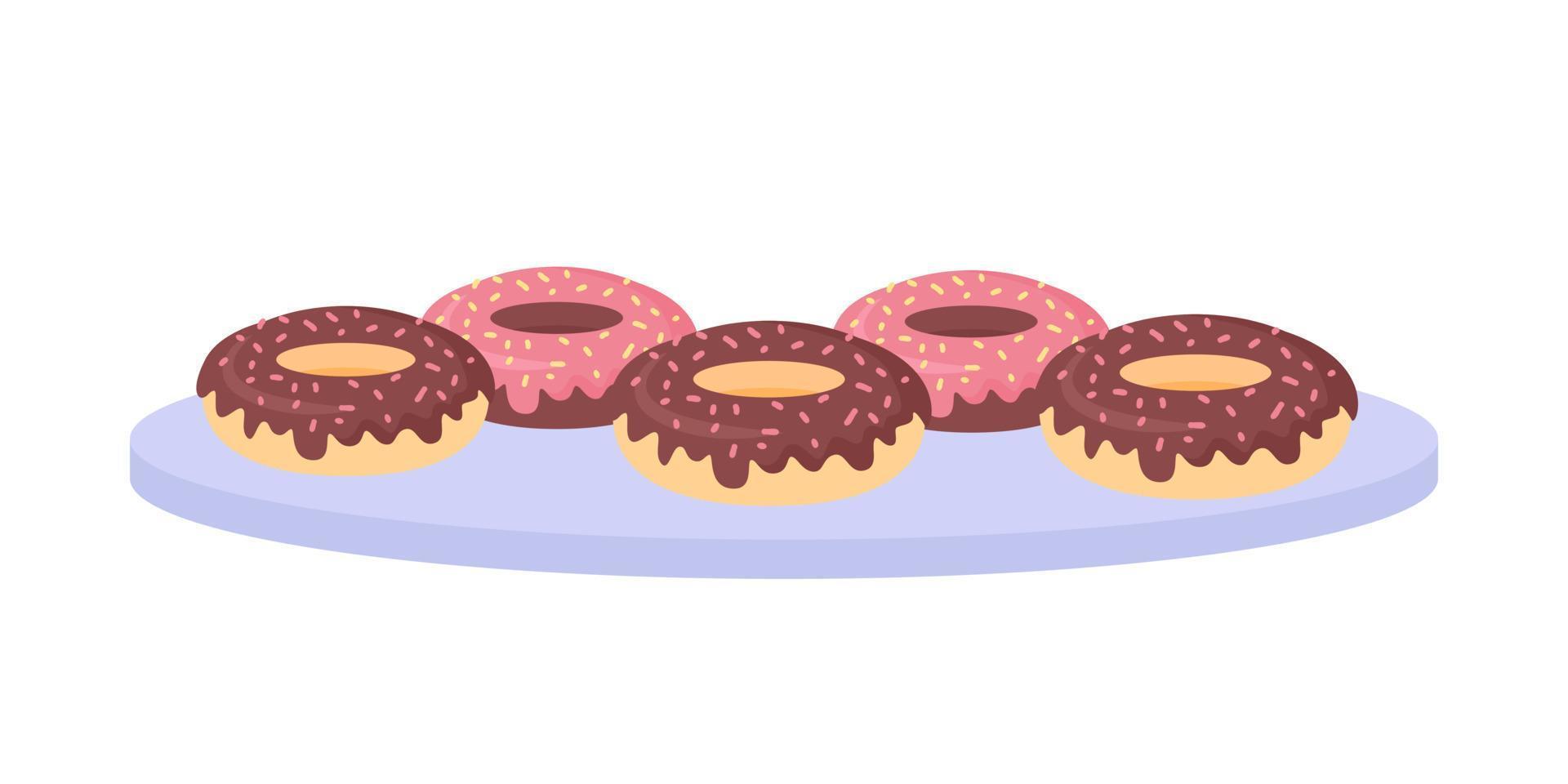 donuts con glaseado de chocolate objeto vectorial de color semiplano. elemento editable. artículo de tamaño completo en blanco. delicioso postre simple ilustración de estilo de dibujos animados para diseño gráfico web y animación vector