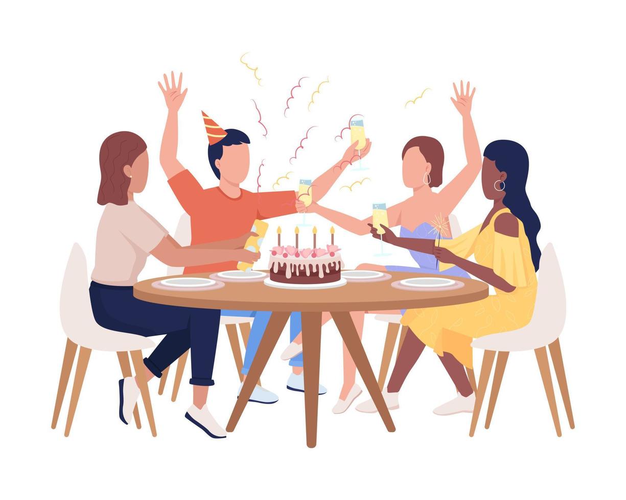 Birthday party with friends semi flat color vector characters. Editable figures. Full body people on white. Festive celebration simple cartoon style illustration for web graphic design and animation