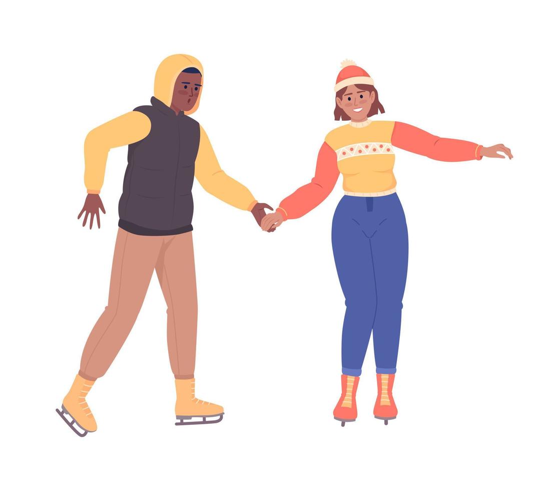 pareja en fecha de patinaje sobre hielo caracteres vectoriales de color semiplano. figuras editables. personas de cuerpo completo en blanco. patinaje en pareja. ilustración de estilo de dibujos animados simple para diseño gráfico web y animación vector