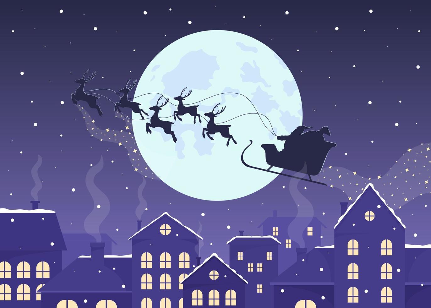 Santa sled silhouette above night cityscape flat color vector illustration. Xmas holiday. Winter season. Fully editable 2D simple cartoon characters with festive Christmas atmosphere on background