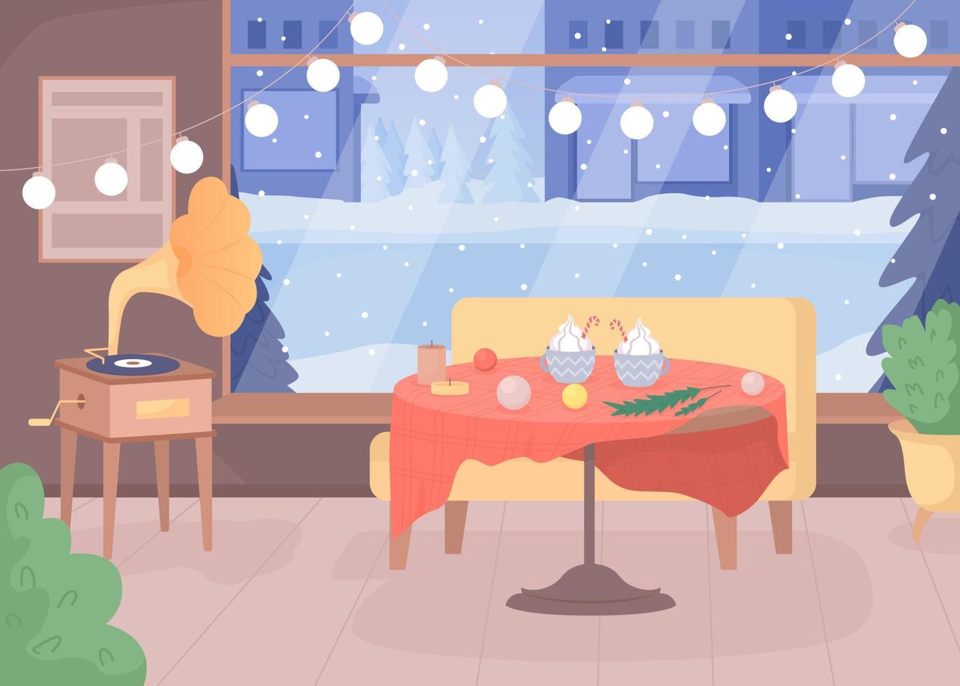 decoración de la cafetería para la ilustración de vector de color plano de navidad. celebración de vacaciones. acogedor bar. interior de dibujos animados simples 2d completamente editable con paisaje de navidad en una ventana ancha en el fondo