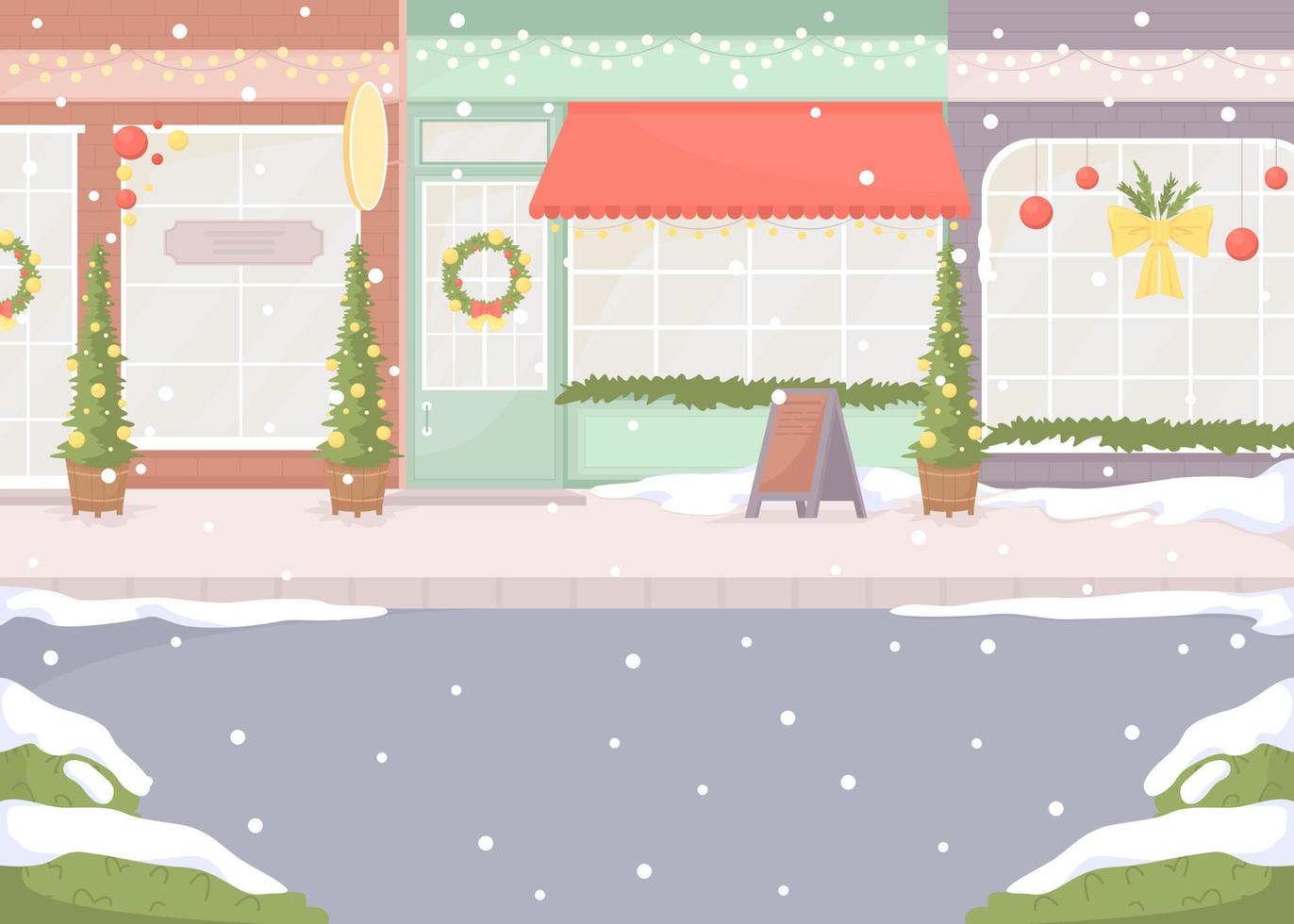 calle de la ciudad con copos de nieve cayendo ilustración de vector de color plano. celebración navideña. escena del país de las maravillas. paisaje urbano de dibujos animados simple 2d completamente editable con paisaje navideño en el fondo