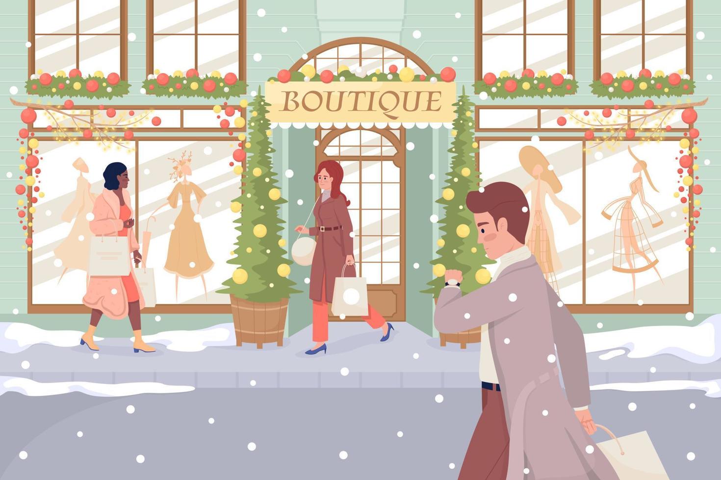 ilustración de vector de color plano de compras de navidad. vacaciones de navidad temporada de invierno. personajes de dibujos animados simples 2d completamente editables con ambiente festivo de año nuevo en el fondo