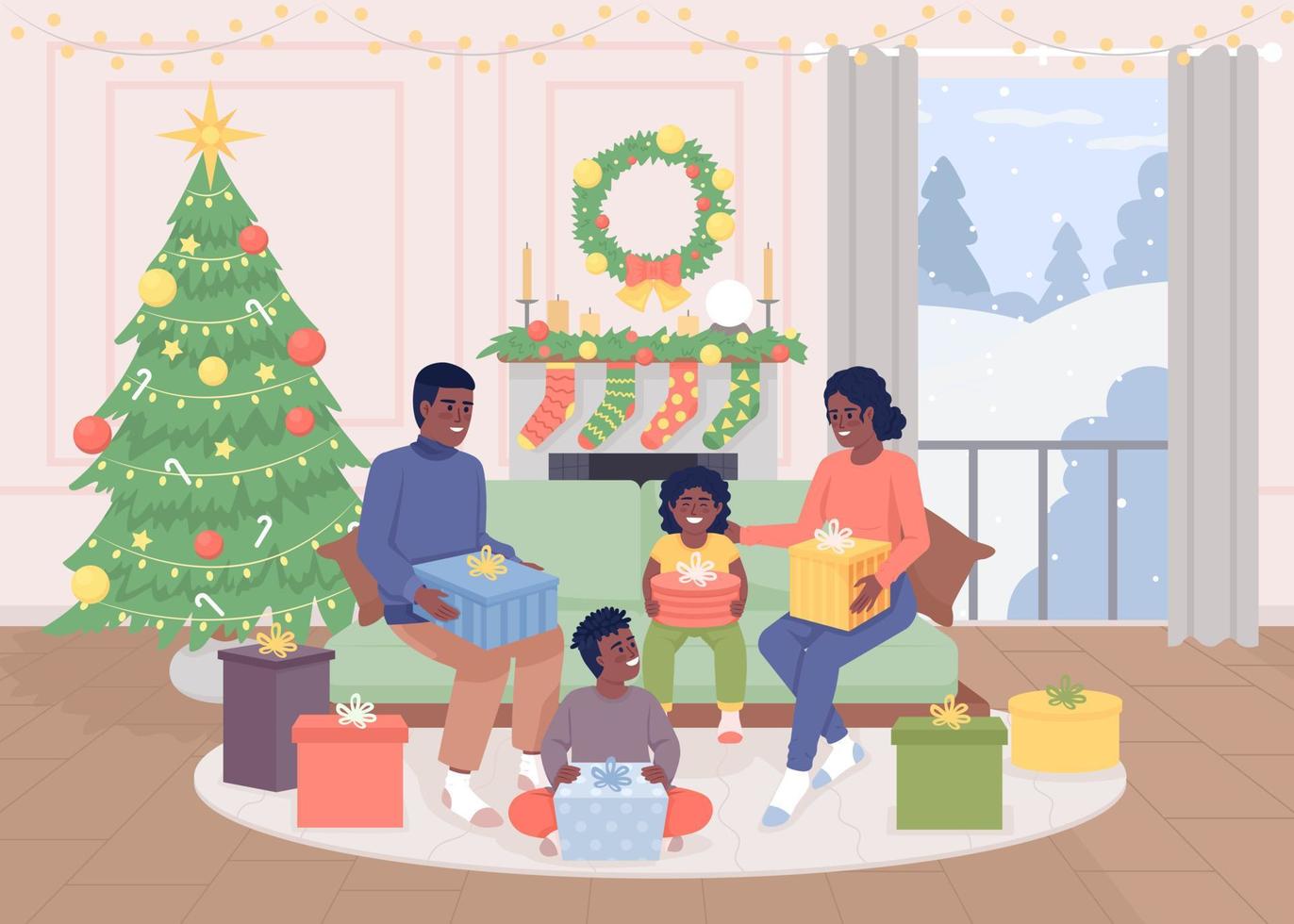 desenvolviendo regalos con ilustración de vector de color plano familiar. invierno tradición navideña. hogar decorado. personajes de dibujos animados simples 2d totalmente editables con árbol de navidad en el fondo