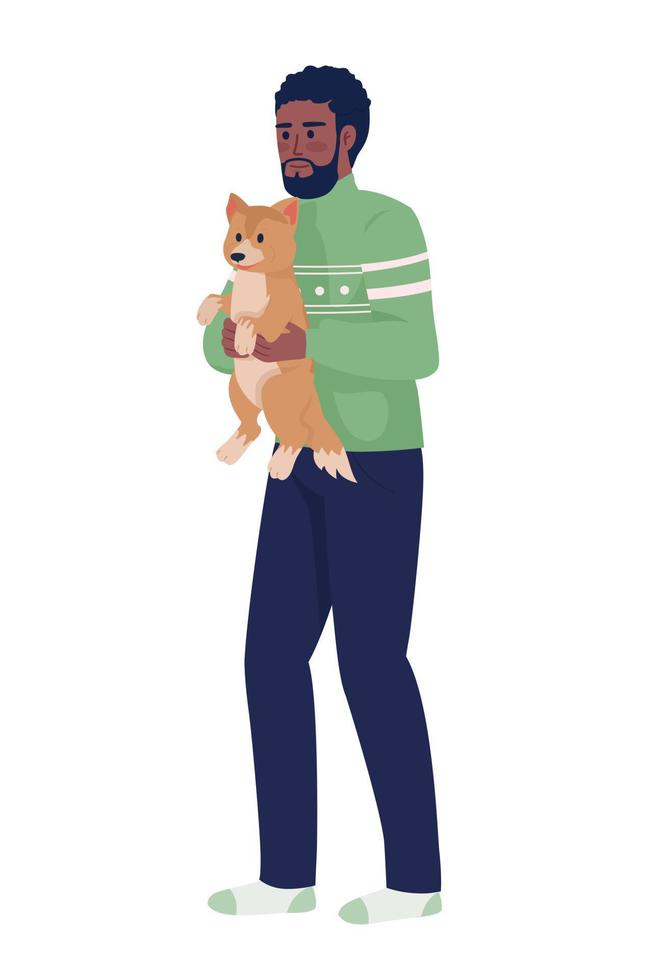 el hombre sostiene a su perro con caracteres vectoriales de color semiplano. figuras editables. persona de cuerpo completo en blanco. encantador animal doméstico simple ilustración de estilo de dibujos animados para diseño gráfico web y animación vector