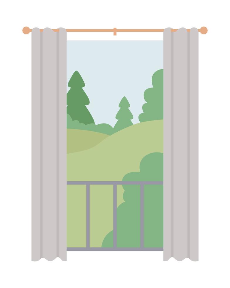 Summertime forest view semi flat color vector object. Editable element. Full sized item on white. Window and curtain simple cartoon style illustration for web graphic design and animation