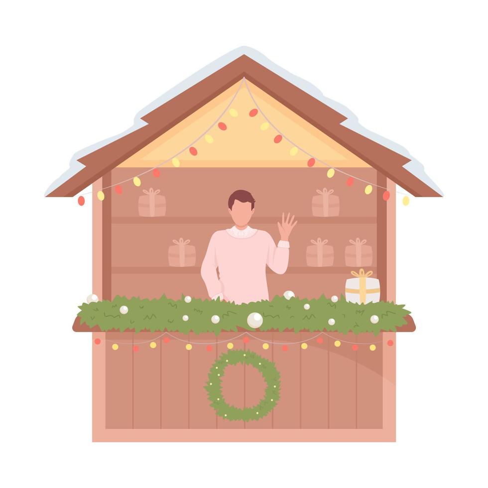 comerciante de la tienda de navidad carácter vectorial de color semiplano. figura editable. persona de cuerpo completo en blanco. vendedor masculino. ilustración de estilo de dibujos animados simple para diseño gráfico web y animación vector