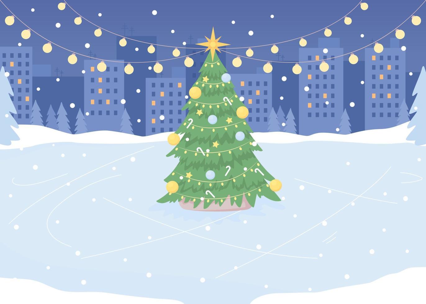 Skating rink decorating for New Year flat color vector illustration. Xmas holiday celebration. Wonderland scene. Fully editable 2D simple cartoon cityscape with Christmas scenery on background