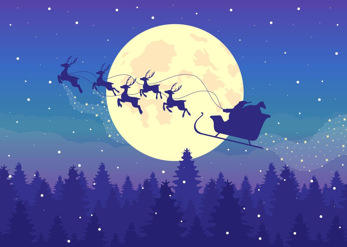 Santa sleigh with reindeers silhouette on night sky flat color vector ...