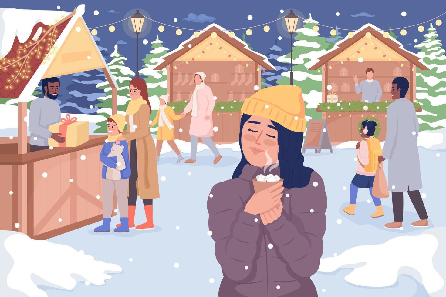 Christmas market flat color vector illustration. Girl enjoying hot chocolate. Xmas holiday. Winter season. Fully editable 2D simple cartoon characters with festive Christmas atmosphere on background