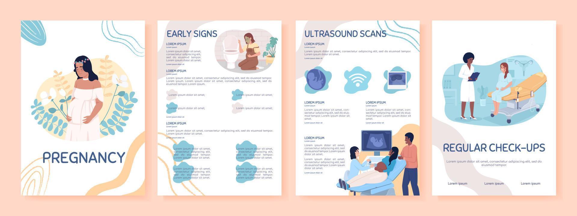 Pregnancy flat vector brochure template. Prenatal care booklet, leaflet printable flat color designs. Editable magazine page, reports kit with text space
