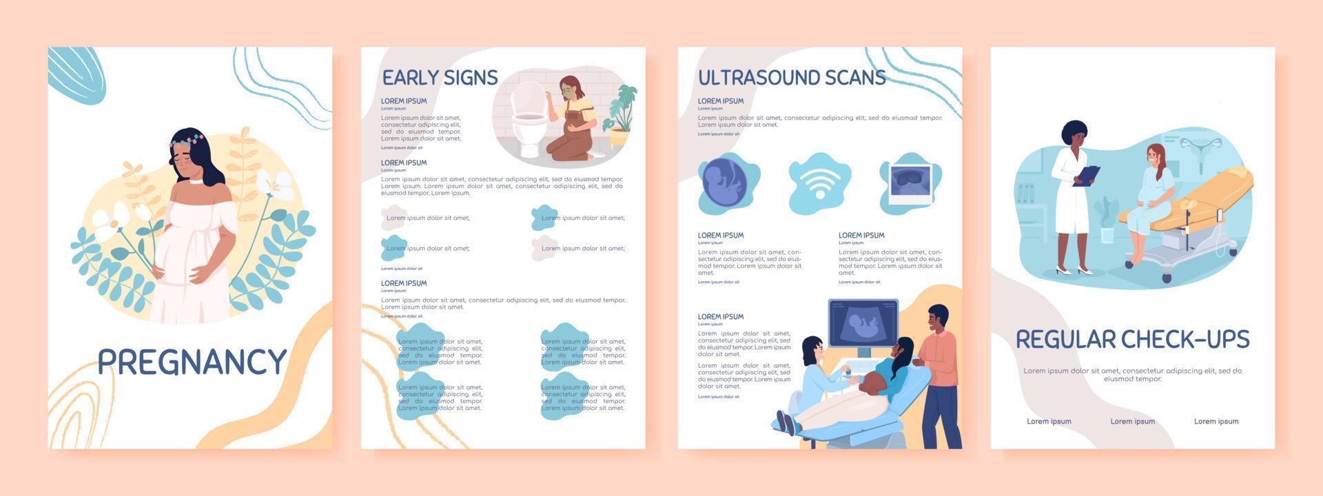 plantilla de folleto de vector plano de embarazo. folleto de cuidado prenatal, diseños de colores planos imprimibles de folletos. página de revista editable, kit de informes con espacio de texto