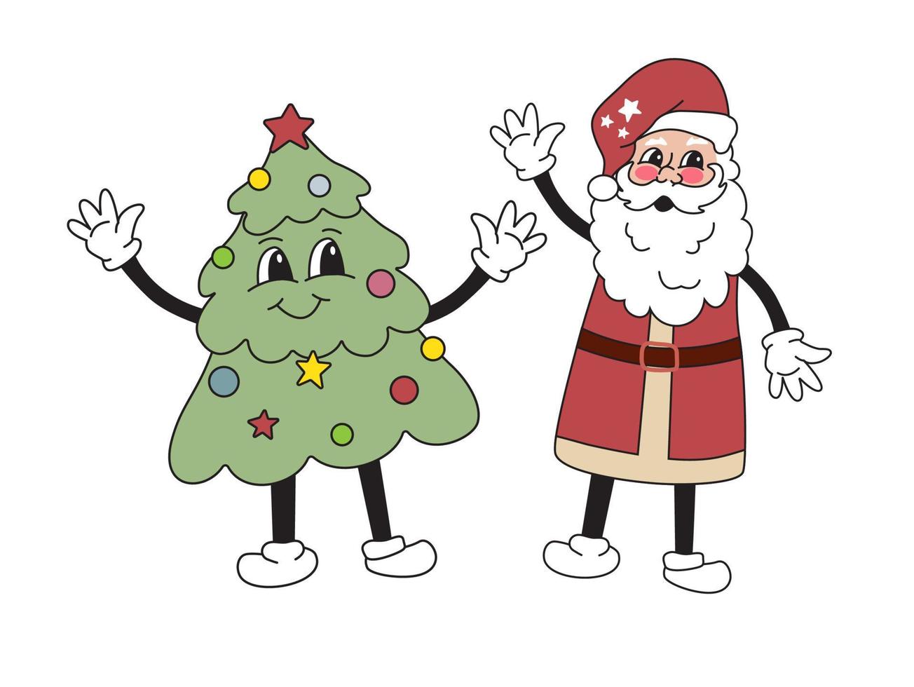 Cartoon Christmas tree and santa claus mascot character 40s, 50s, 60s old animation style. Vintage comic in trendy retro style. vector