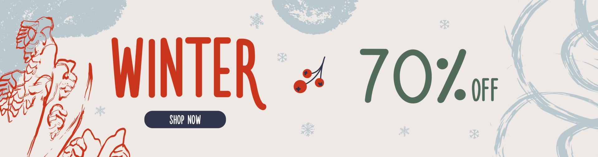 Vector modern horizontal hand drawn Christmas sale banner with various seasonal abstract elements.