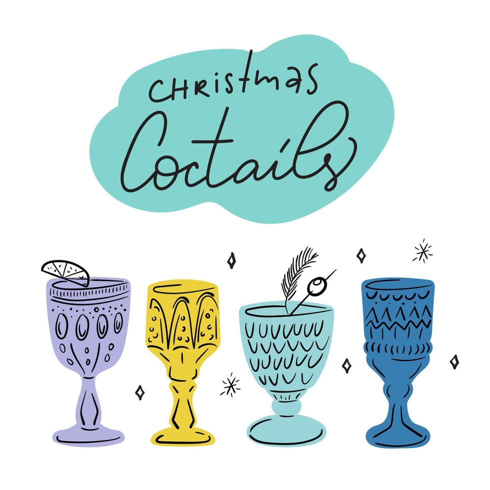 Christmas Coctails lettering with hand drawn wine glasses. Minimalistic greeting cards design vector