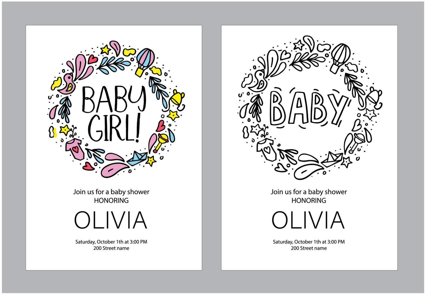 Vectortemplate for baby shower. Concept in doodle hand drawn style. vector