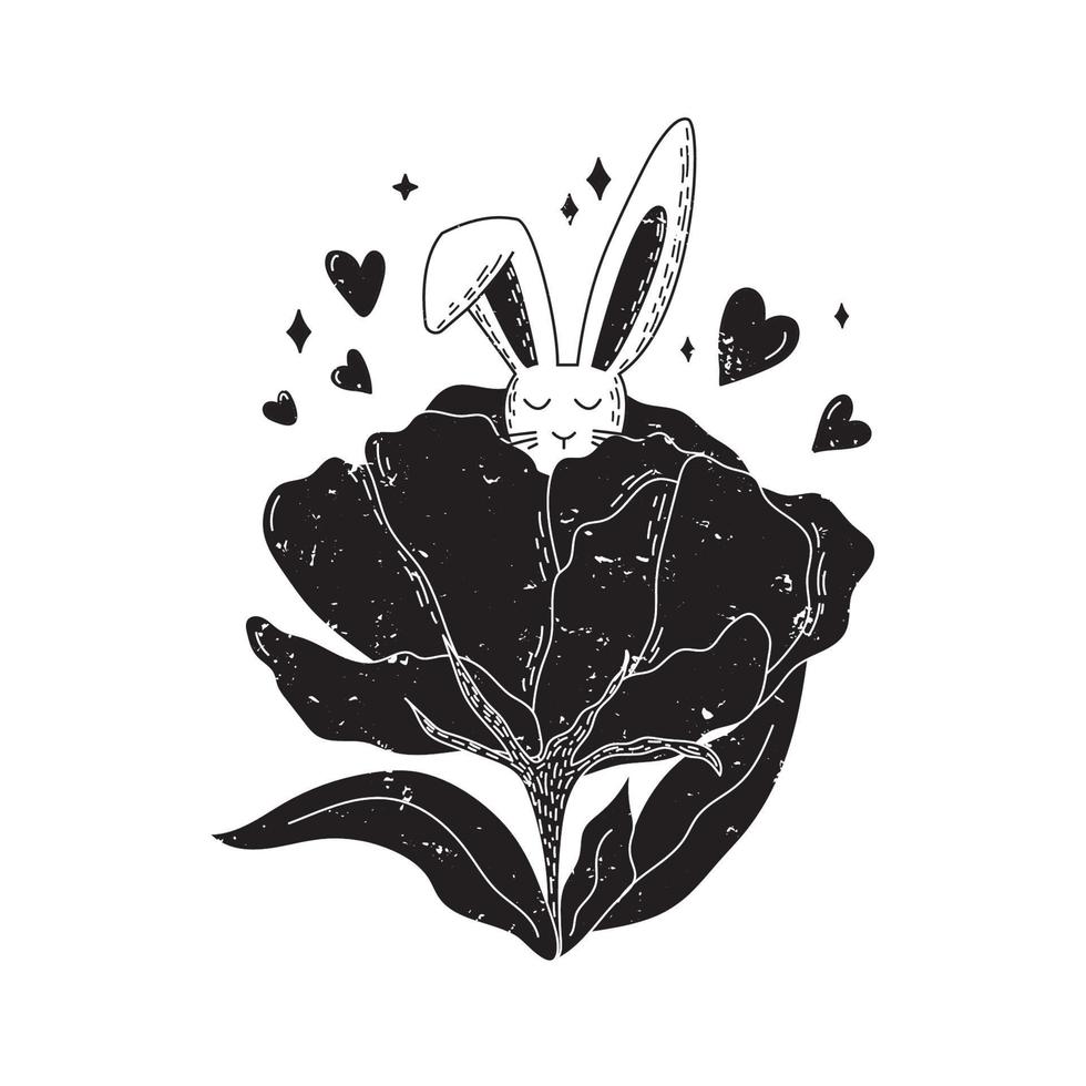 Cute Easter black and white bunny silhouette. Spring bunny with rose flower and hearts. vector