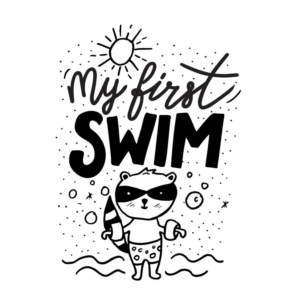 Hand drawn lettering phrase - My first swim. Doddle baby milestone cards. vector