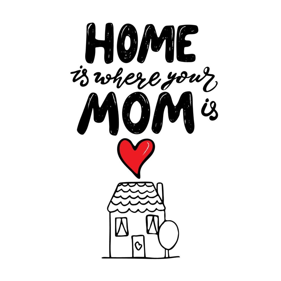 Hand drawn lettering phrase - Home is where mom is, mother day illustration vector